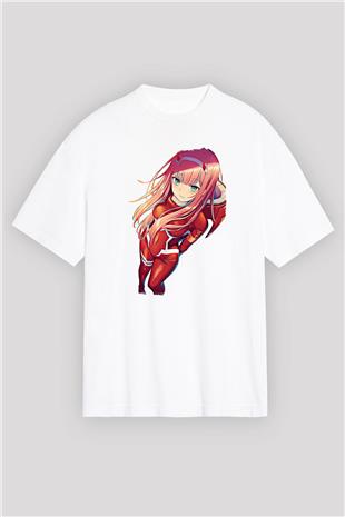 Darling İn The Franxx Baskılı Beyaz Unisex Oversize Tişört - Tshirt
