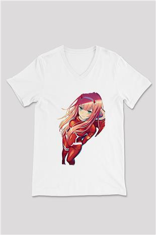 Darling İn The Franxx Baskılı Beyaz Unisex V Yaka Tişört - Tshirt