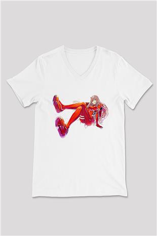 Darling İn The Franxx Baskılı Beyaz Unisex V Yaka Tişört - Tshirt