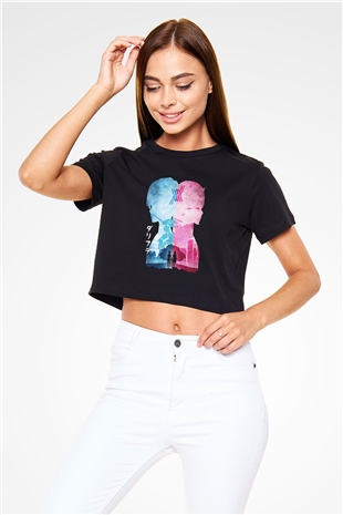 Darling İn The Franxx Baskılı Siyah Crop Top Kadın Tişört - Tshirt