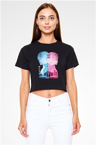 Darling İn The Franxx Baskılı Siyah Crop Top Kadın Tişört - Tshirt
