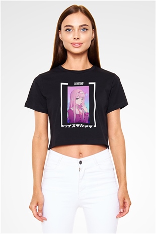 Darling İn The Franxx Baskılı Siyah Crop Top Kadın Tişört - Tshirt