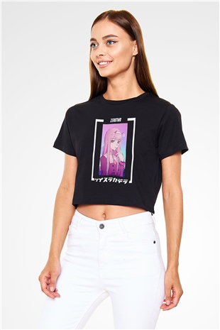 Darling İn The Franxx Baskılı Siyah Crop Top Kadın Tişört - Tshirt