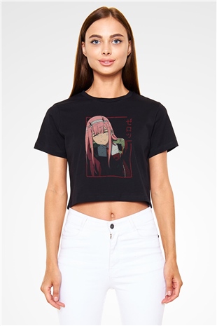 Darling İn The Franxx Baskılı Siyah Crop Top Kadın Tişört - Tshirt