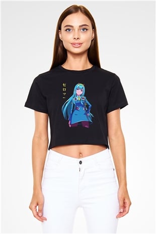 Darling İn The Franxx Baskılı Siyah Crop Top Kadın Tişört - Tshirt