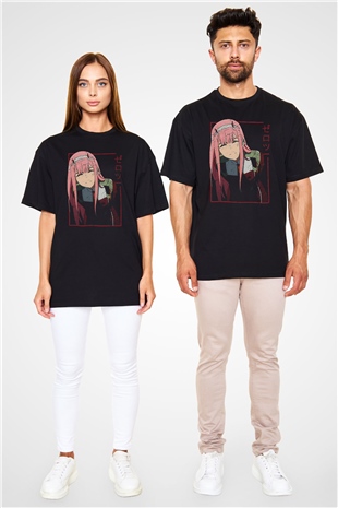 Darling İn The Franxx Baskılı Unisex Siyah Oversize Tişört - Tshirt