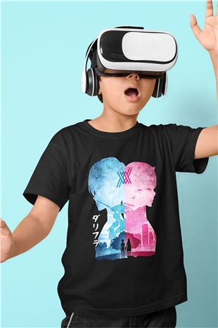 Darling İn The Franxx Baskılı Unisex Siyah Çocuk Tişört - Tshirt