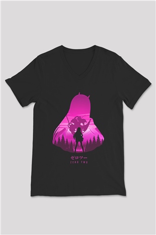 Darling İn The Franxx Baskılı Unisex Siyah V Yaka Tişört - Tshirt