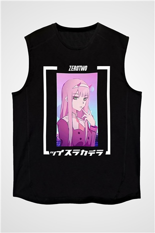 Darling İn The Franxx Baskılı Unisex Siyah Kolsuz Tişört - Tshirt
