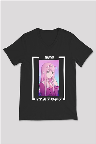 Darling İn The Franxx Baskılı Unisex Siyah V Yaka Tişört - Tshirt