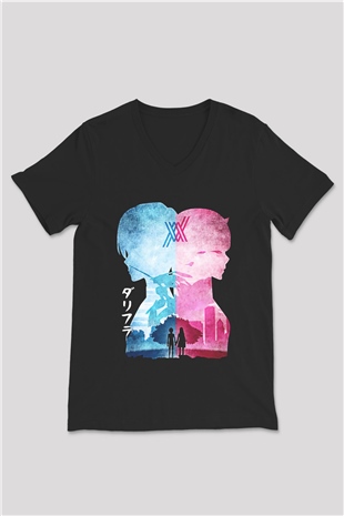Darling İn The Franxx Baskılı Unisex Siyah V Yaka Tişört - Tshirt