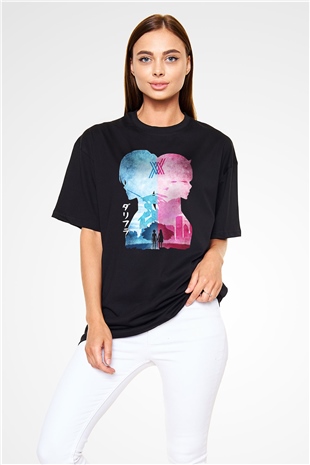 Darling İn The Franxx Baskılı Unisex Siyah Oversize Tişört - Tshirt