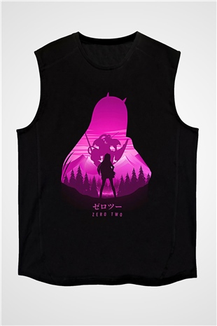 Darling İn The Franxx Baskılı Unisex Siyah Kolsuz Tişört - Tshirt