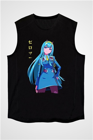 Darling İn The Franxx Baskılı Unisex Siyah Kolsuz Tişört - Tshirt