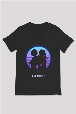 Darling İn The Franxx Baskılı Unisex Siyah V Yaka Tişört - Tshirt