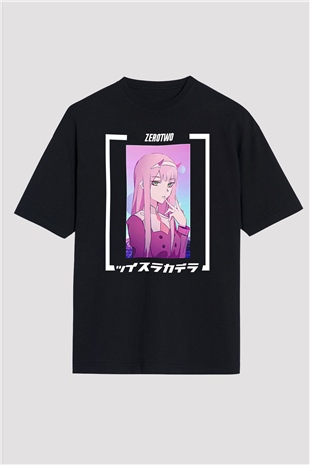 Darling İn The Franxx Baskılı Unisex Siyah Oversize Tişört - Tshirt