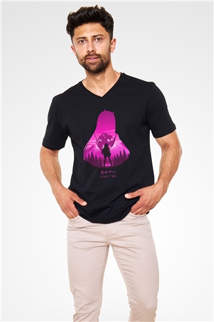 Darling İn The Franxx Baskılı Unisex Siyah V Yaka Tişört - Tshirt