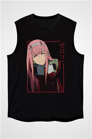 Darling İn The Franxx Baskılı Unisex Siyah Kolsuz Tişört - Tshirt
