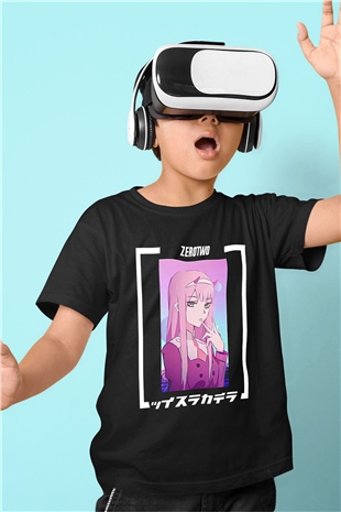 Darling İn The Franxx Baskılı Unisex Siyah Çocuk Tişört - Tshirt