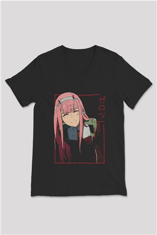Darling İn The Franxx Baskılı Unisex Siyah V Yaka Tişört - Tshirt