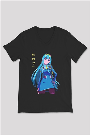 Darling İn The Franxx Baskılı Unisex Siyah V Yaka Tişört - Tshirt