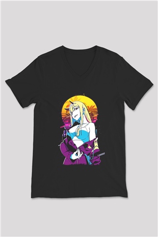 Darling İn The Franxx Baskılı Unisex Siyah V Yaka Tişört - Tshirt
