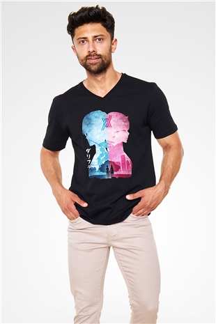 Darling İn The Franxx Baskılı Unisex Siyah V Yaka Tişört - Tshirt