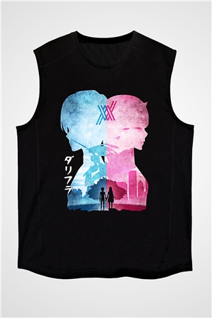 Darling İn The Franxx Baskılı Unisex Siyah Kolsuz Tişört - Tshirt