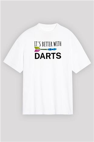 Dart Baskılı Unisex Beyaz Oversize Tişört - Tshirt