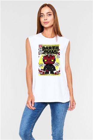 Darth Maul Baskılı Unisex Beyaz Kolsuz Tişört