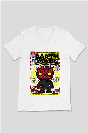 Darth Maul Baskılı Unisex Beyaz V Yaka Tişört