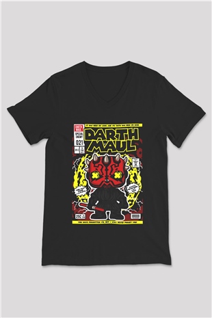 Darth Maul Baskılı Unisex Siyah V Yaka Tişört