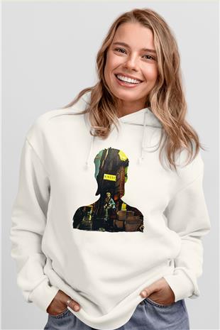 David Bowie Baskılı Beyaz Unisex Kapüşonlu Sweatshirt