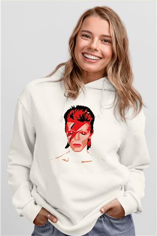 David Bowie Baskılı Beyaz Unisex Kapüşonlu Sweatshirt