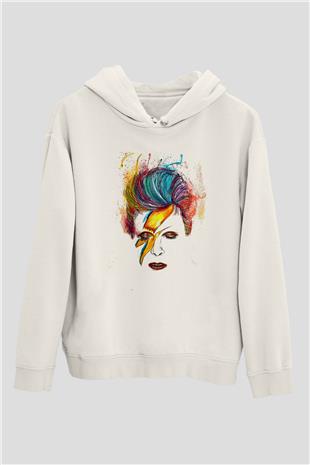 David Bowie Baskılı Beyaz Unisex Kapüşonlu Sweatshirt
