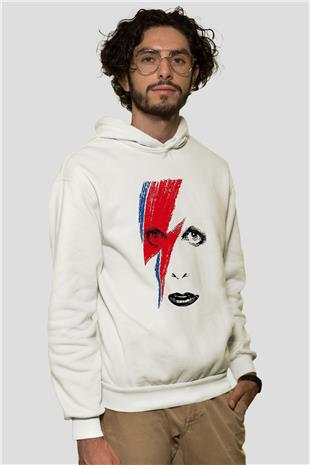 David Bowie Baskılı Beyaz Unisex Kapüşonlu Sweatshirt