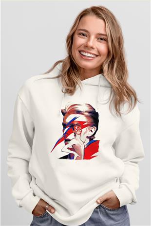 David Bowie Baskılı Beyaz Unisex Kapüşonlu Sweatshirt