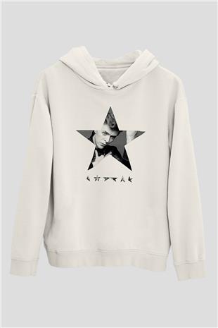 David Bowie Baskılı Beyaz Unisex Kapüşonlu Sweatshirt