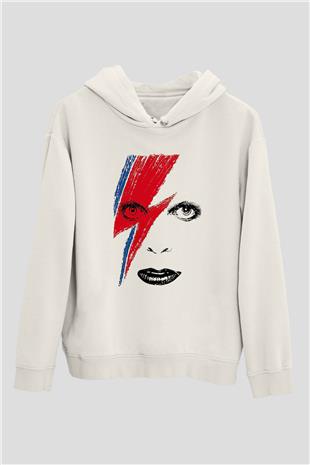 David Bowie Baskılı Beyaz Unisex Kapüşonlu Sweatshirt