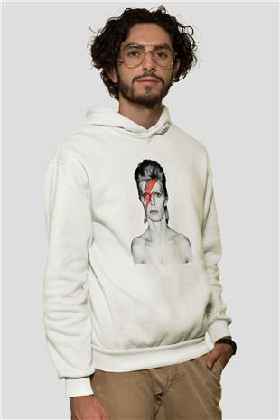 David Bowie Baskılı Beyaz Unisex Kapüşonlu Sweatshirt