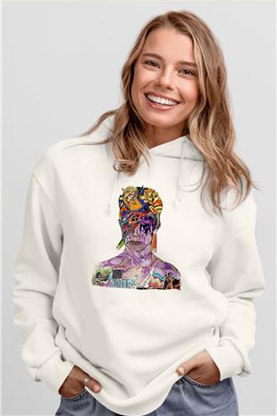 David Bowie Baskılı Beyaz Unisex Kapüşonlu Sweatshirt