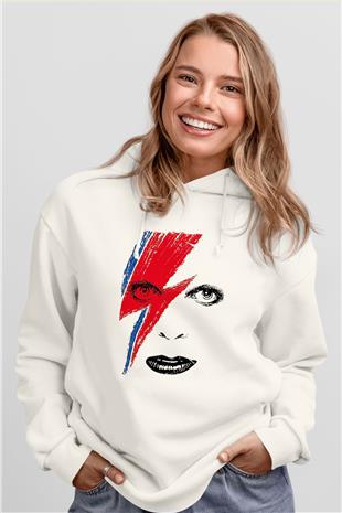 David Bowie Baskılı Beyaz Unisex Kapüşonlu Sweatshirt