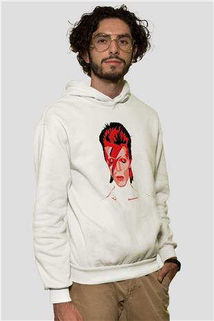 David Bowie Baskılı Beyaz Unisex Kapüşonlu Sweatshirt