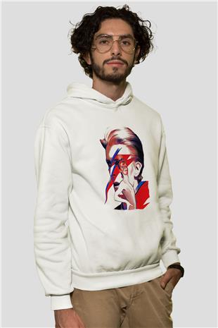David Bowie Baskılı Beyaz Unisex Kapüşonlu Sweatshirt