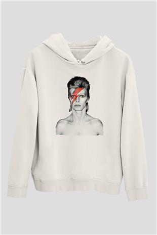 David Bowie Baskılı Beyaz Unisex Kapüşonlu Sweatshirt