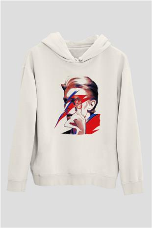 David Bowie Baskılı Beyaz Unisex Kapüşonlu Sweatshirt