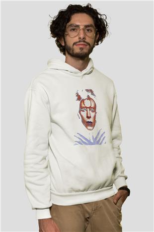David Bowie Baskılı Beyaz Unisex Kapüşonlu Sweatshirt