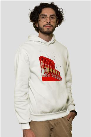 David Bowie Baskılı Beyaz Unisex Kapüşonlu Sweatshirt