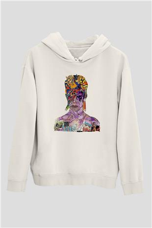 David Bowie Baskılı Beyaz Unisex Kapüşonlu Sweatshirt