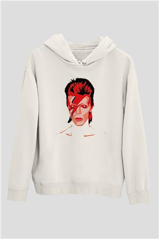 David Bowie Baskılı Beyaz Unisex Kapüşonlu Sweatshirt